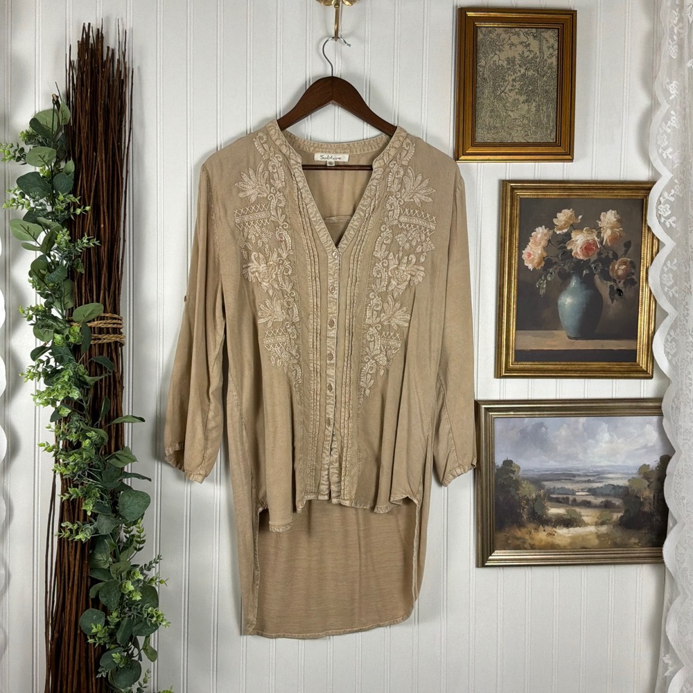 Solitaire Embroidered Tunic Top Womens XL Tan Excellent Boho High Low Rayon